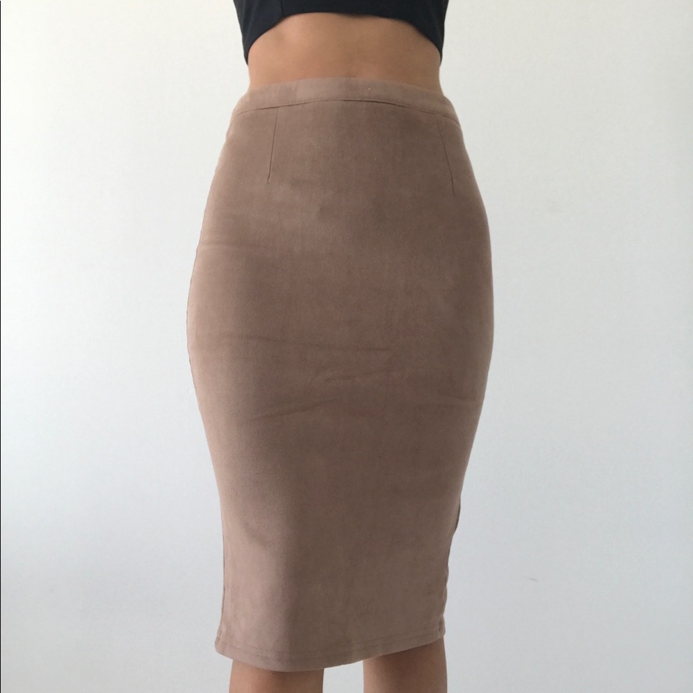 tan suede-ish midi pencil skirt